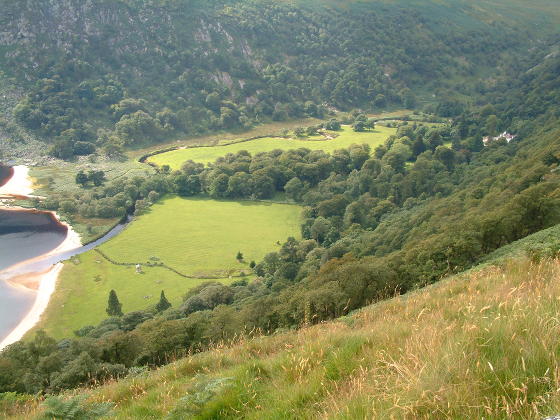A large parkland at the bottom of a valley
